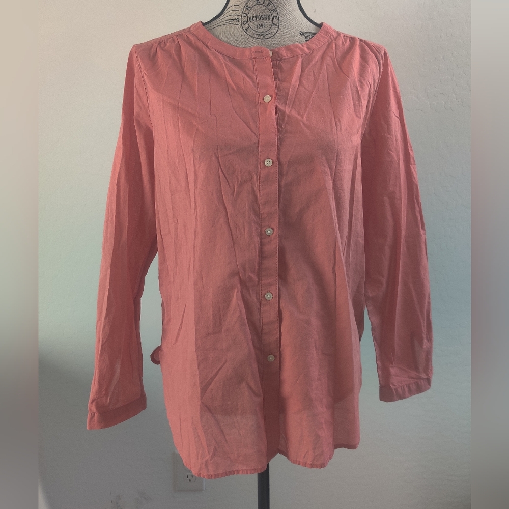 LOFT 100% Cotton Coral Button-Front Long Sleeve Business Casual Blouse_Medium